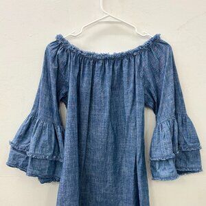 Denim Peasant Blouse with Ruffled Sleeves